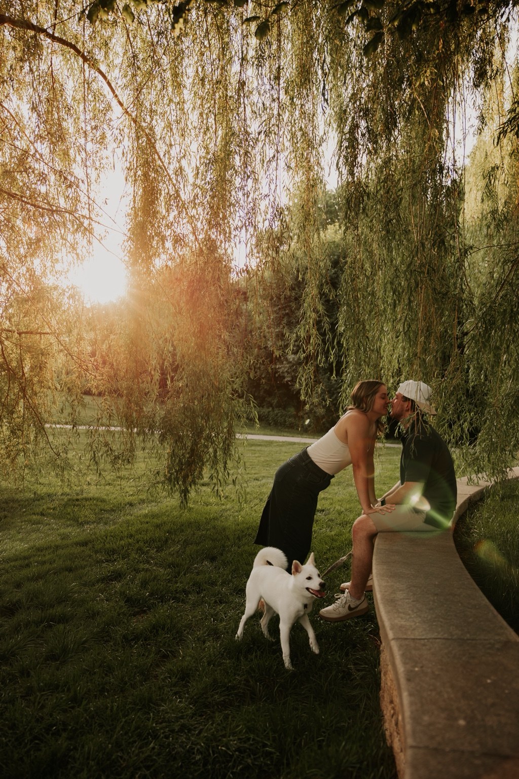 A couple with their dog beneath sunlit willow branches