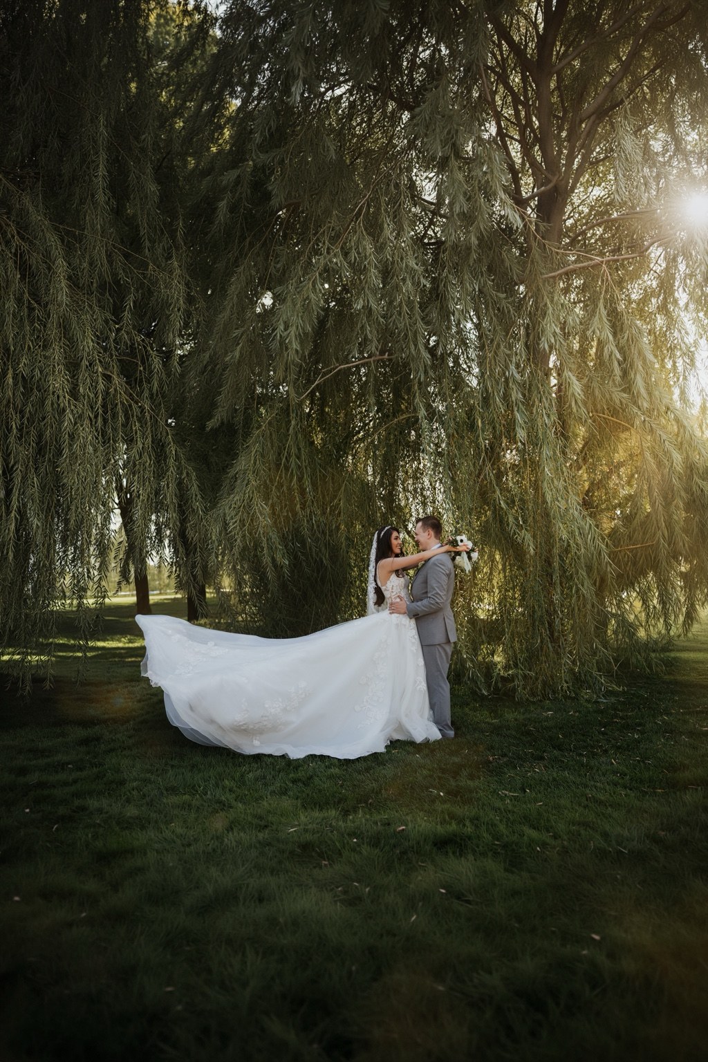 Newlyweds embracing beneath sunlit willow branches
